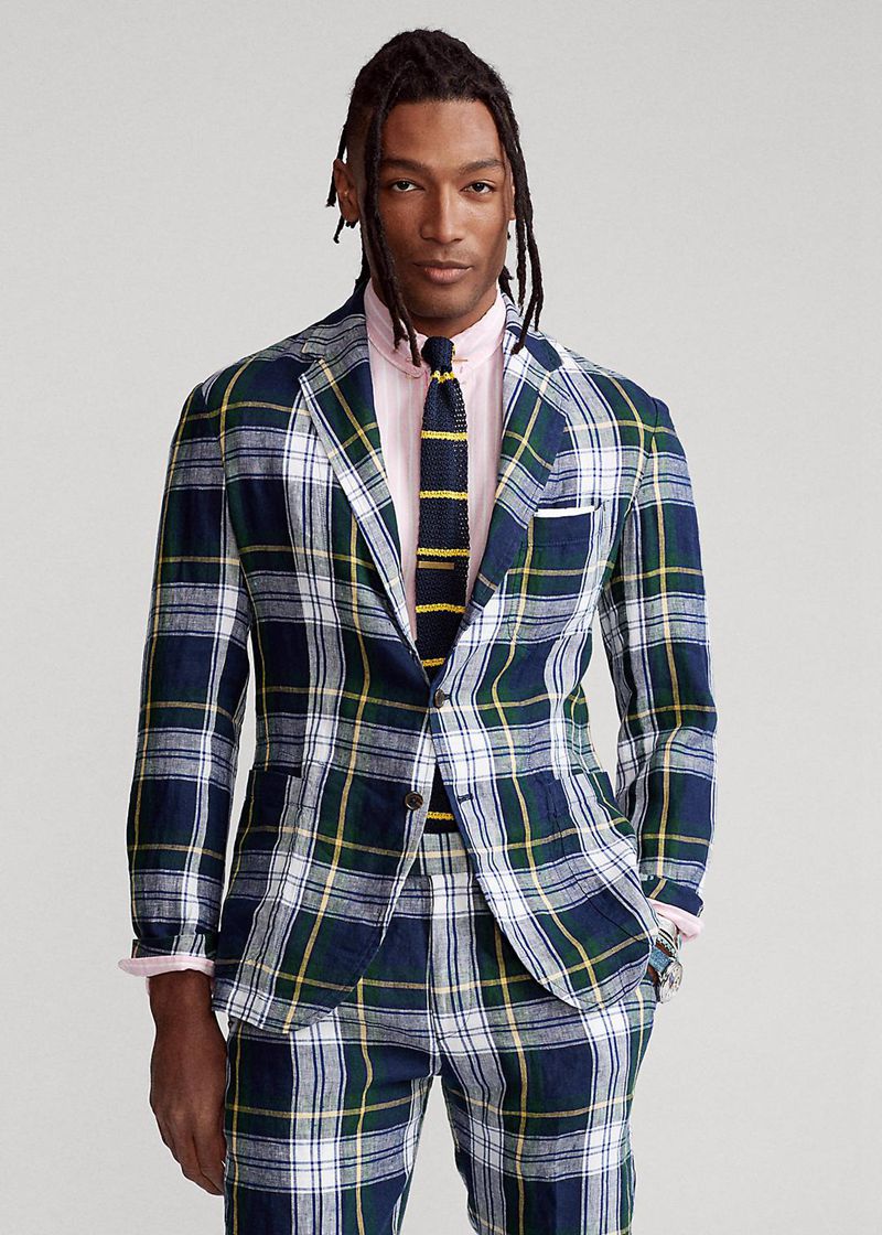 Blazer Polo Ralph Lauren Męska Czarne Plaid Linen Suit Jacket 548726-ORG